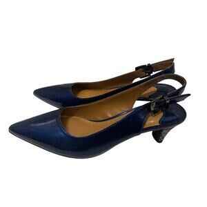J Renee Navy Patent Slingback Heels Womens 7.5N Pointed Toe Kitten Pumps